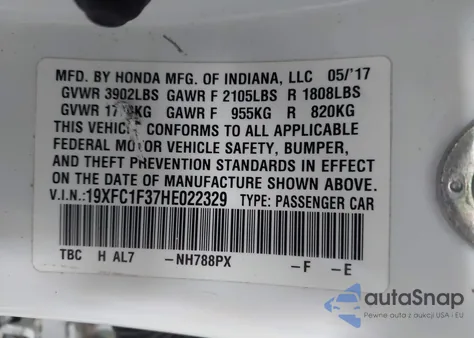 2017 Honda Civic Ex-T z USA, uszkodzony, nr VIN 19XFC1F37HE022329